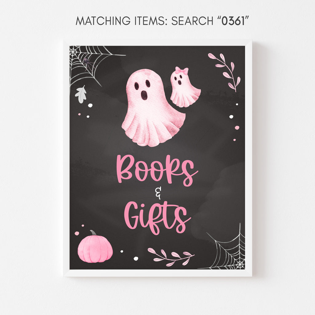 Halloween girl baby shower sign for books and gifts with pink ghost and chalkboard design