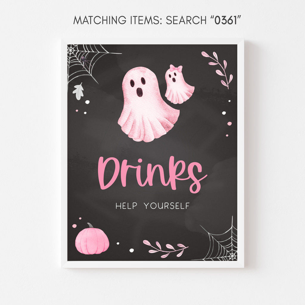 Halloween drinks sign for girl baby shower with pink ghost and pastel pumpkin accents