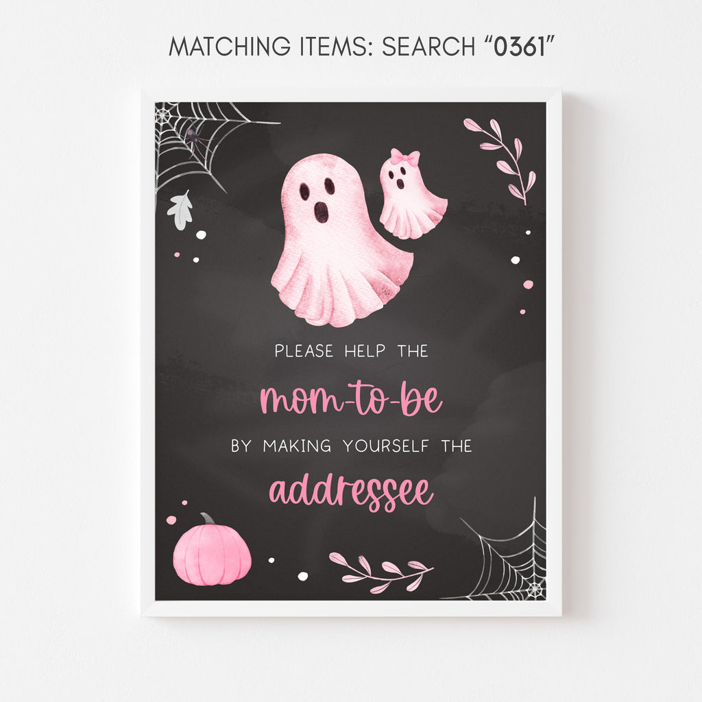 Envelope station sign for Halloween baby shower with pink ghost and fall leaves