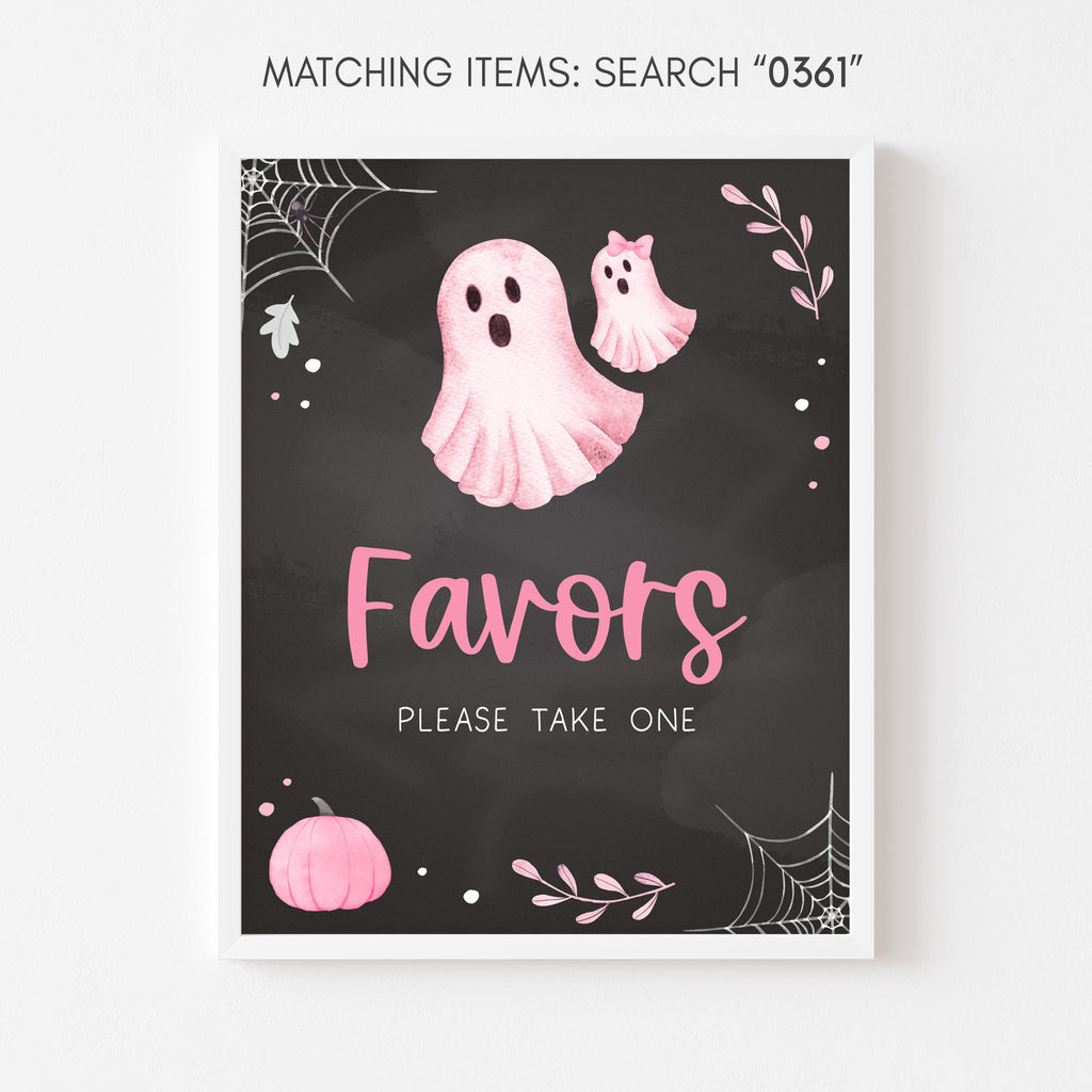 Girl baby shower favors sign with A Little Boo Halloween ghost design
