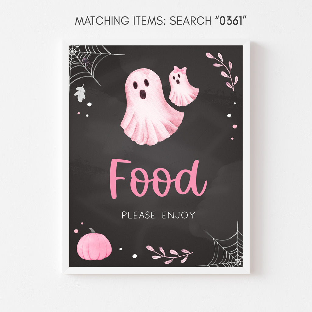 Chalkboard Halloween baby shower food sign with pink ghost for girl celebration