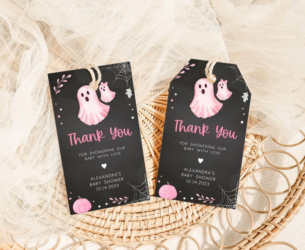 A little boo Halloween favor tags with ghost and pumpkin for girl baby shower