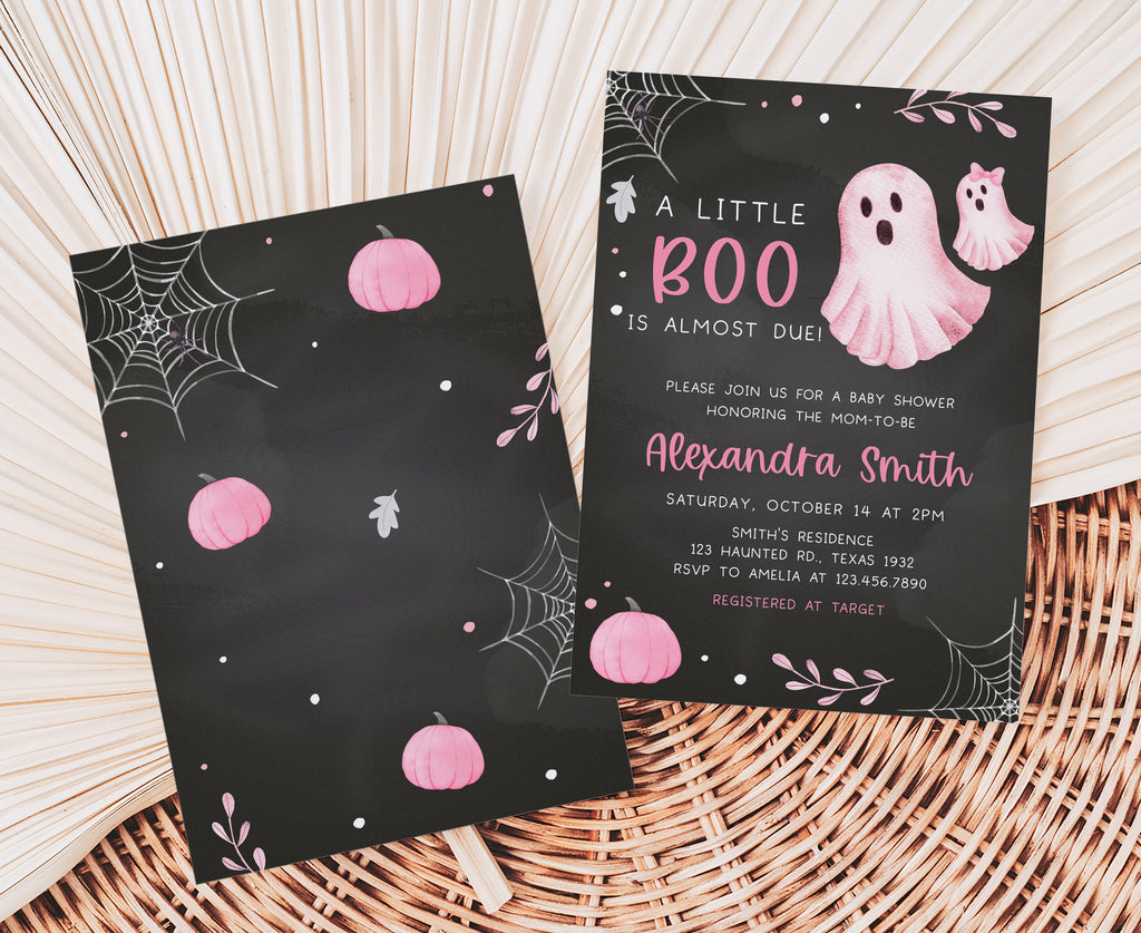 Pink ghost Halloween baby shower invite