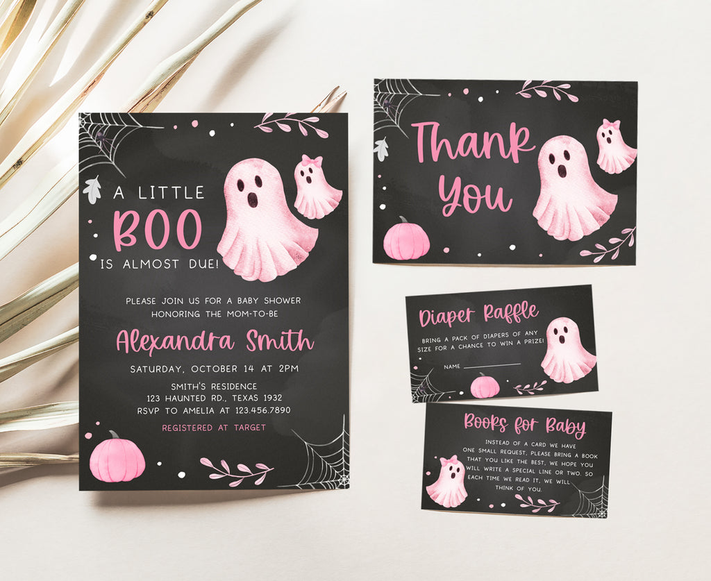 A little boo pink ghost baby shower invitation set for girl, Halloween chalkboard design
