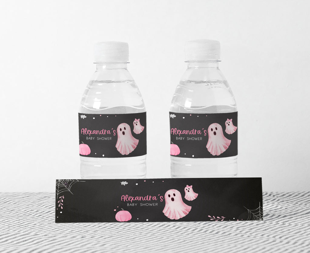 Pink ghost Halloween bottle labels for girl baby shower, spooky cute A Little Boo theme