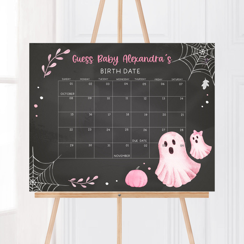 Editable due date calendar with pink ghost design for girl Halloween baby shower