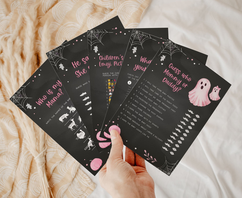 Printable Halloween baby shower games bundle for girls with pink ghost and chalkboard theme