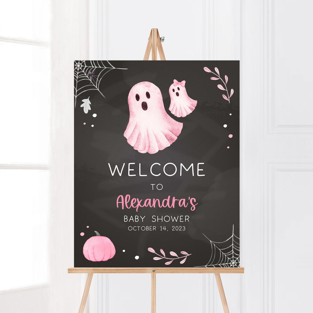Girl baby shower welcome sign with pink ghost and spiderweb for Halloween theme