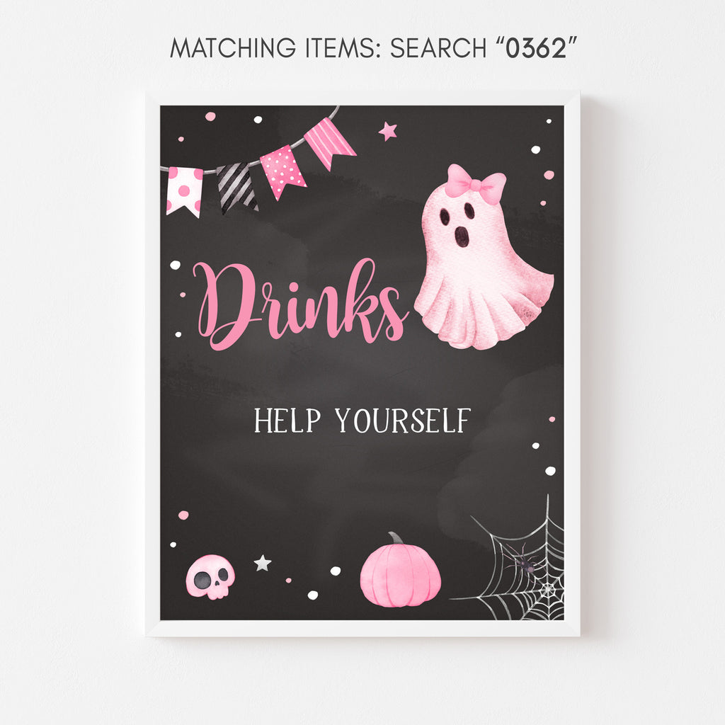 Printable Halloween baby shower drinks sign with pink ghost for girl party setup