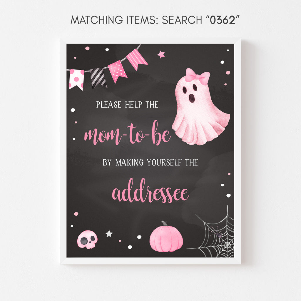 Pink Halloween ghost envelope station sign for baby girl shower, instant download