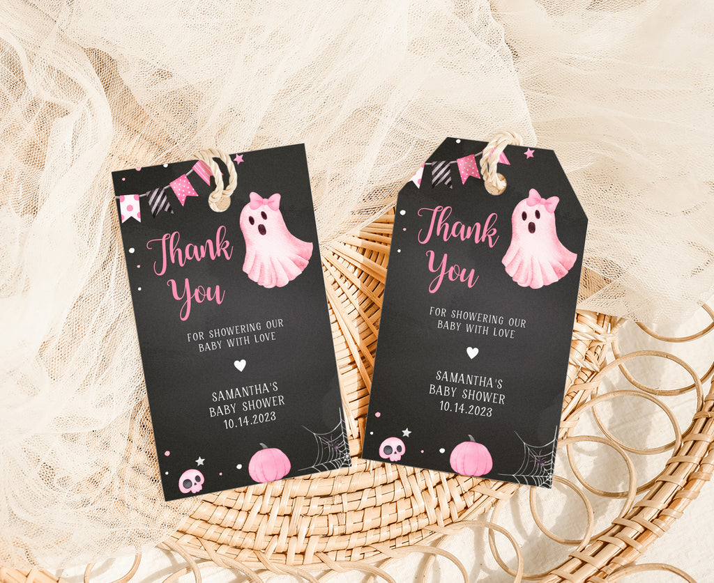 Pink Halloween baby shower favor tags with girl ghost, editable spooky thank you tags