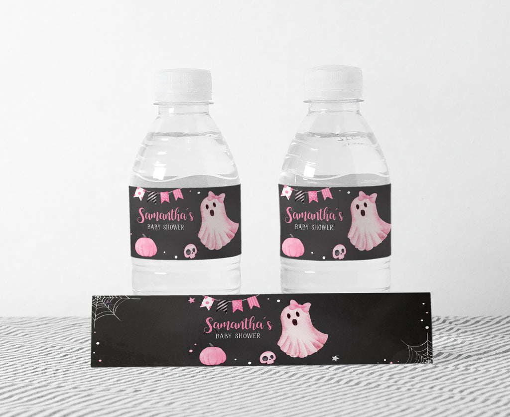 Pink ghost Halloween baby shower bottle labels for girl, printable spooky cute party decor