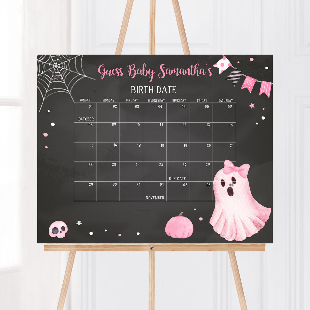 Editable due date calendar for Halloween baby girl shower with pink ghost design