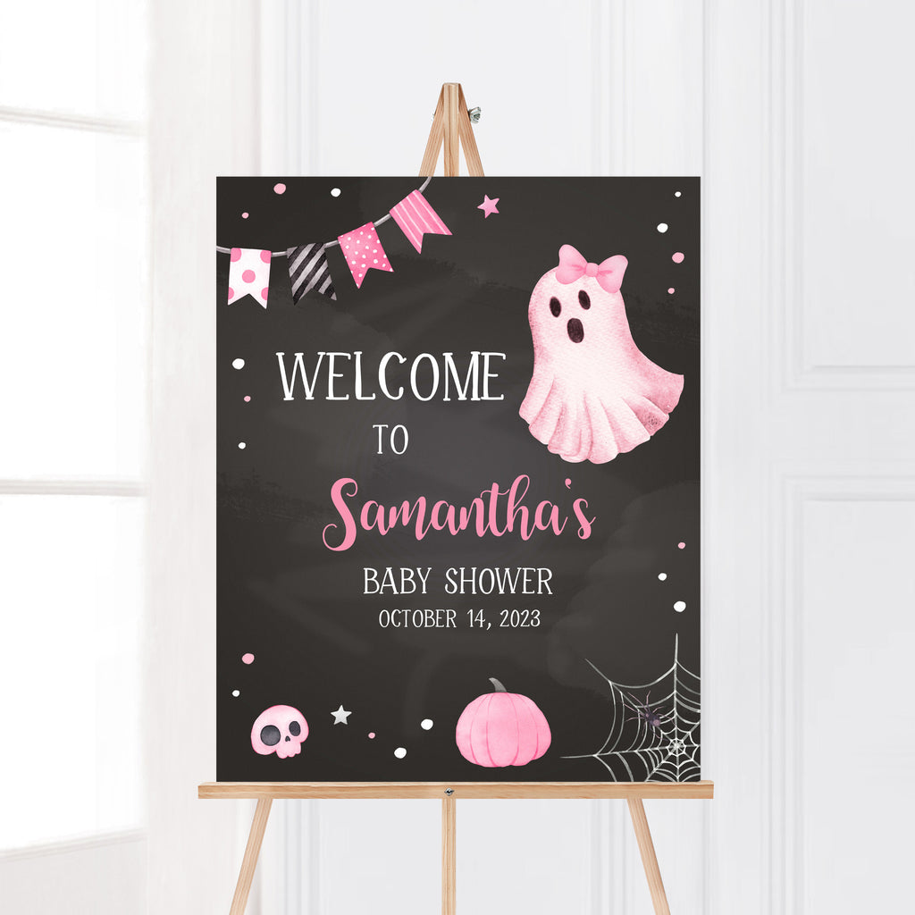 Spooky cute pink ghost welcome sign for girl Halloween baby shower, instant download