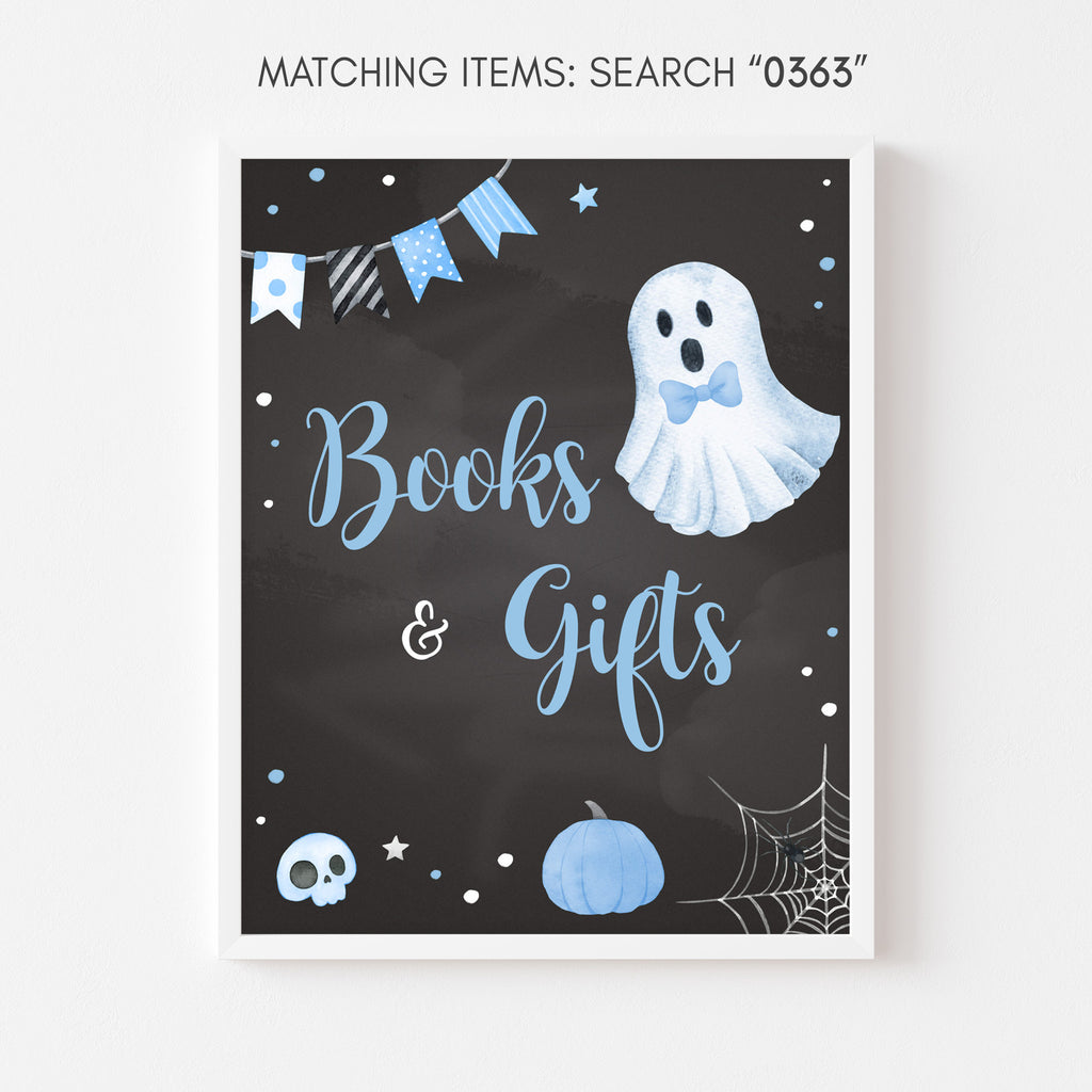 Blue ghost Halloween baby shower Books and Gifts sign, boo-y theme for baby boy shower table setup