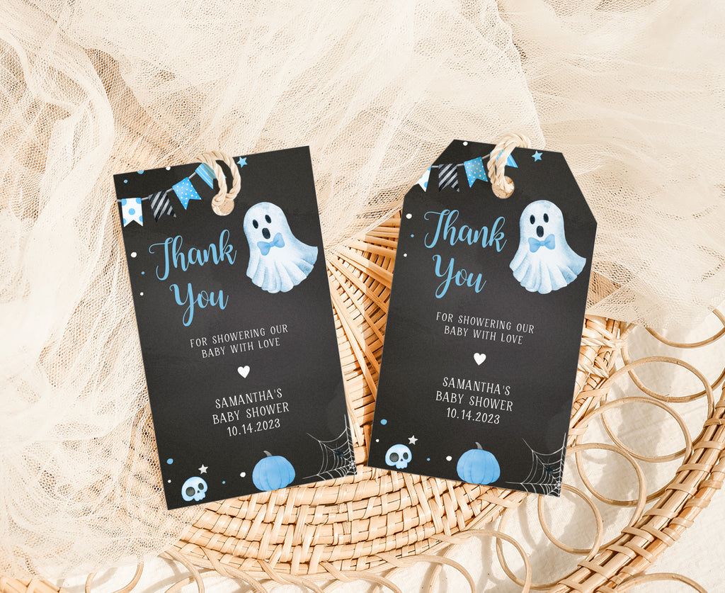 Oh sheet boo-y favor tags for Halloween baby shower boy, blue ghost theme, printable thank you tag