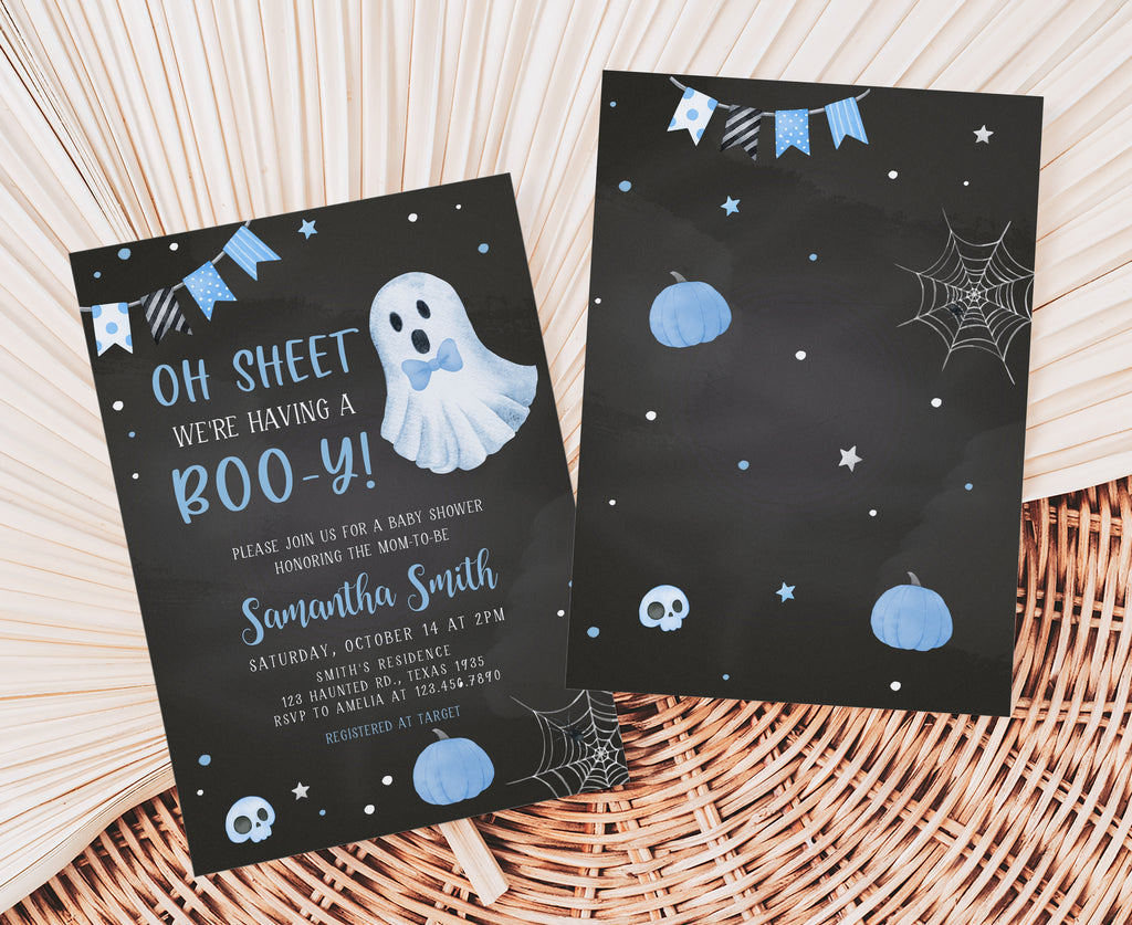 Blue ghost Halloween baby shower invite for boys