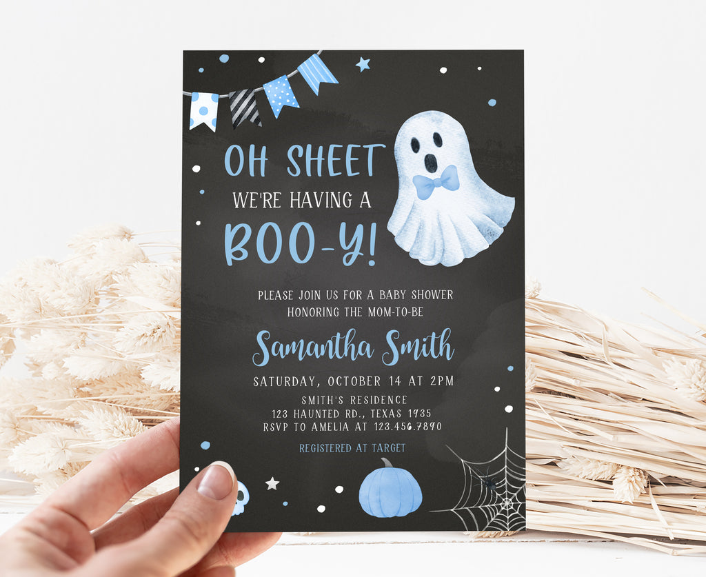 Oh Sheet Boo-y Halloween Baby Shower Invitation – Ghost Theme for Baby Boy
