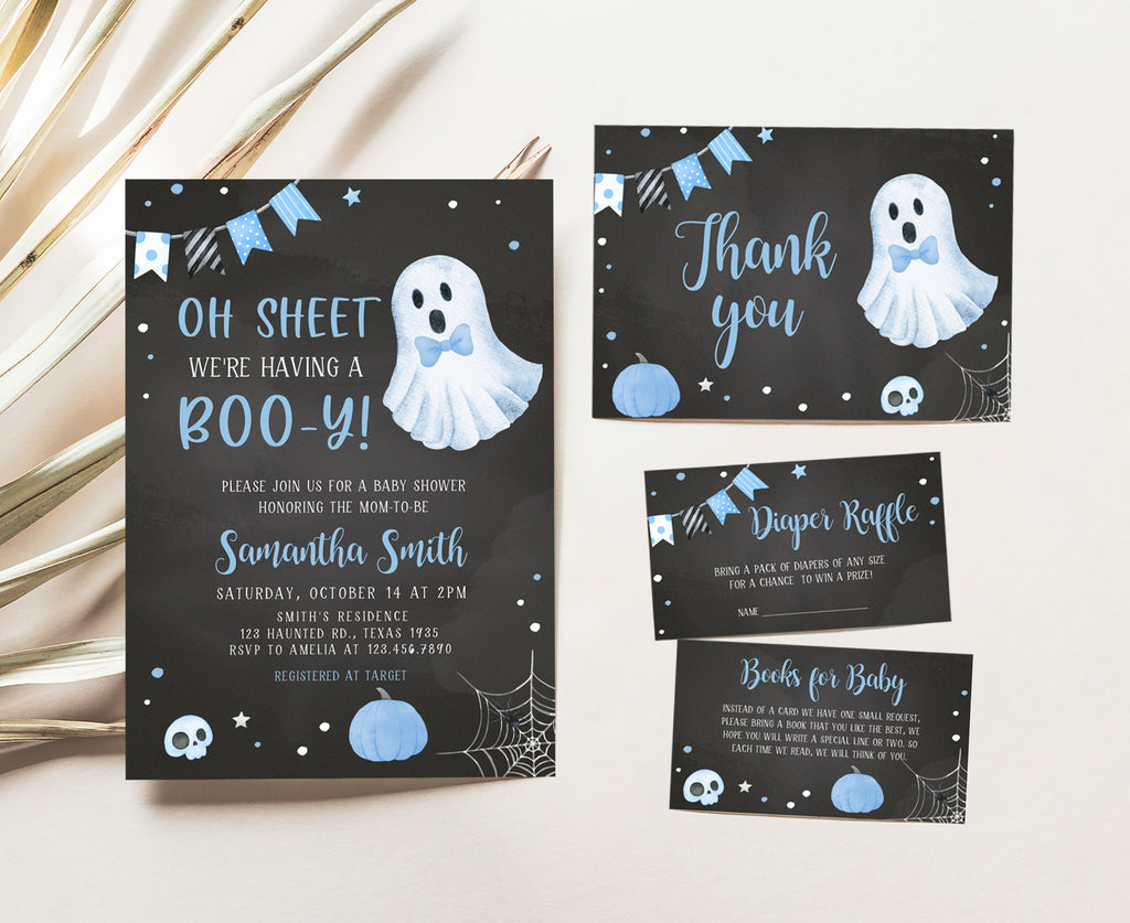 Editable ghost baby shower invitation set for boy, oh sheet boo-y Halloween theme, blue spooky invite