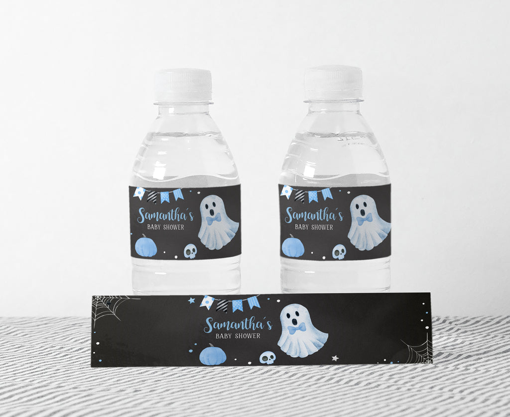 Blue ghost Halloween baby shower bottle labels for boy, spooky little boo theme, printable party favor decorations