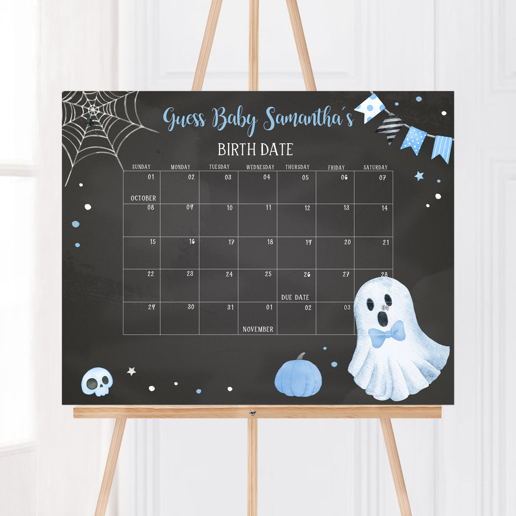 Editable due date calendar with blue ghost design for boy Halloween baby shower, boo-y themed party game