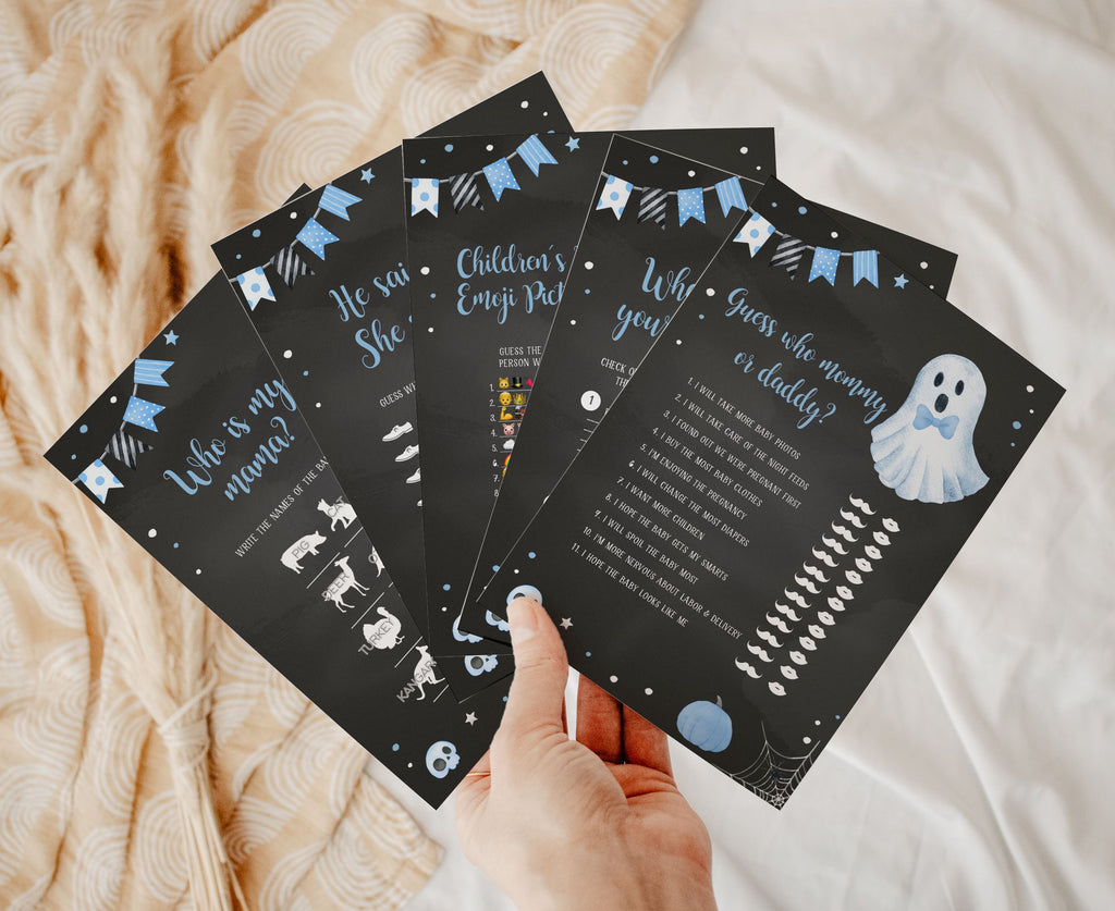 Halloween baby shower games bundle boy theme, spooky ghost design in blue, printable party games set