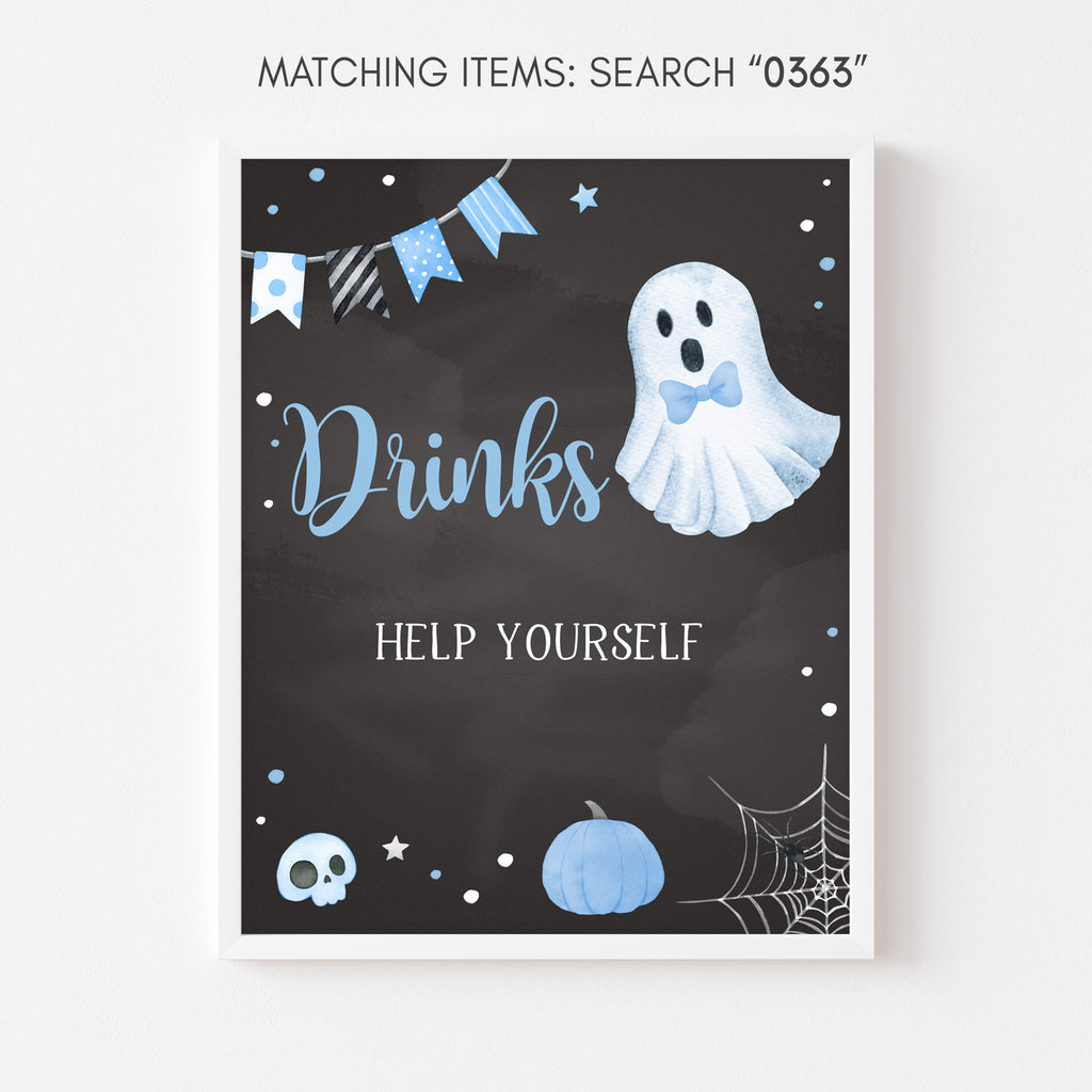 Boo-y themed baby shower Drinks sign, blue ghost Halloween party decor for baby boy, printable sign