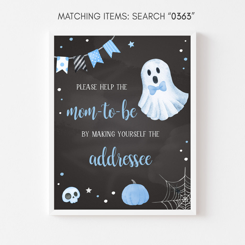 Halloween baby shower Envelope Station sign for boy, blue ghost design with spooky cute theme