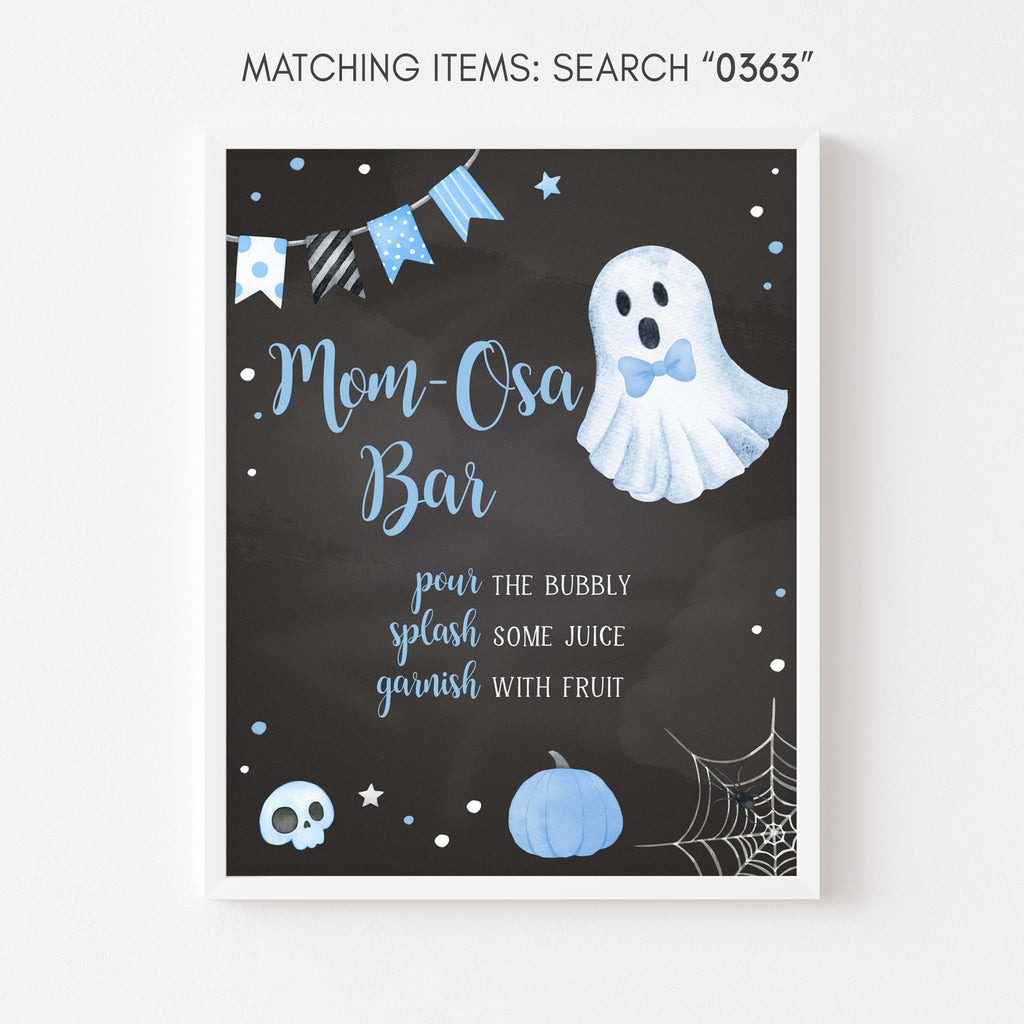 Mom-osa bar sign with boo-y Halloween theme, blue ghost design for baby boy shower, fun printable drink station decor