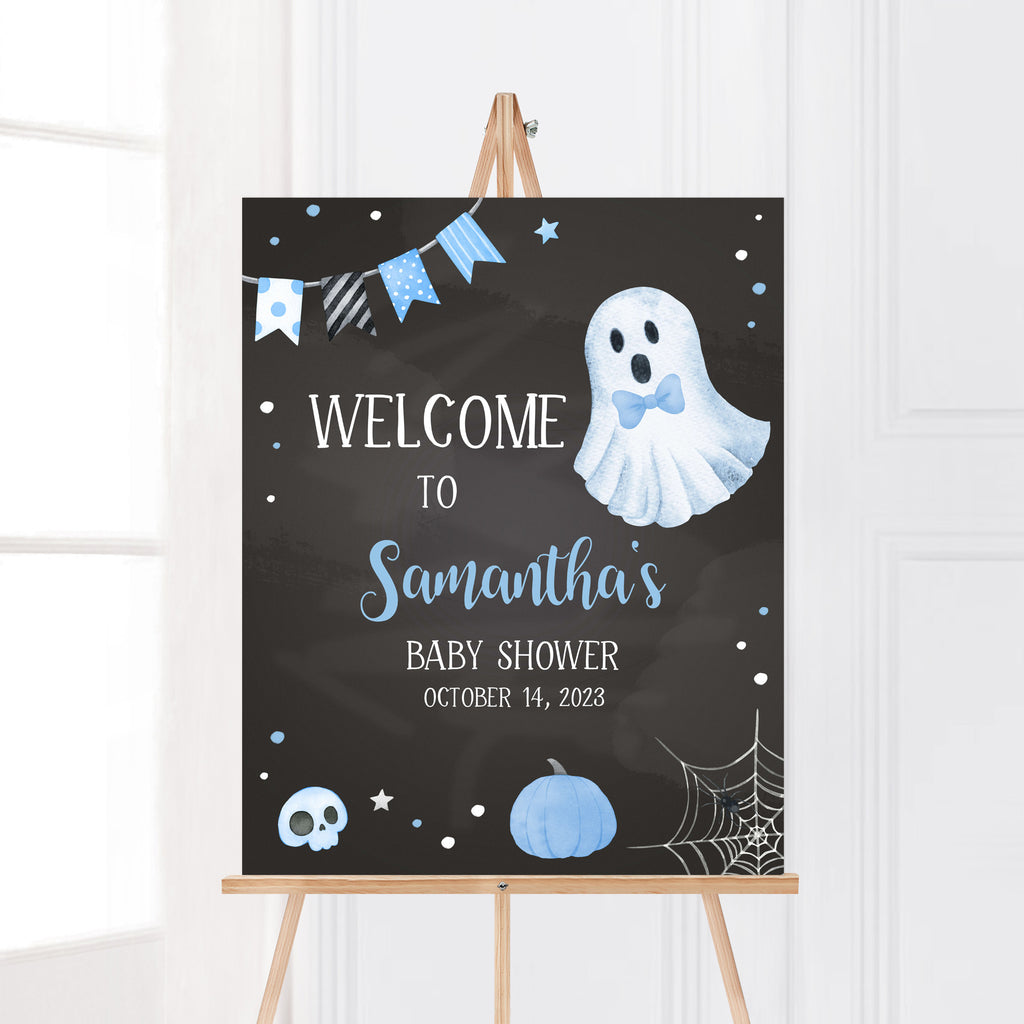 Blue ghost Halloween baby shower welcome sign for boy, boo-y party sign, spooky cute printable decor