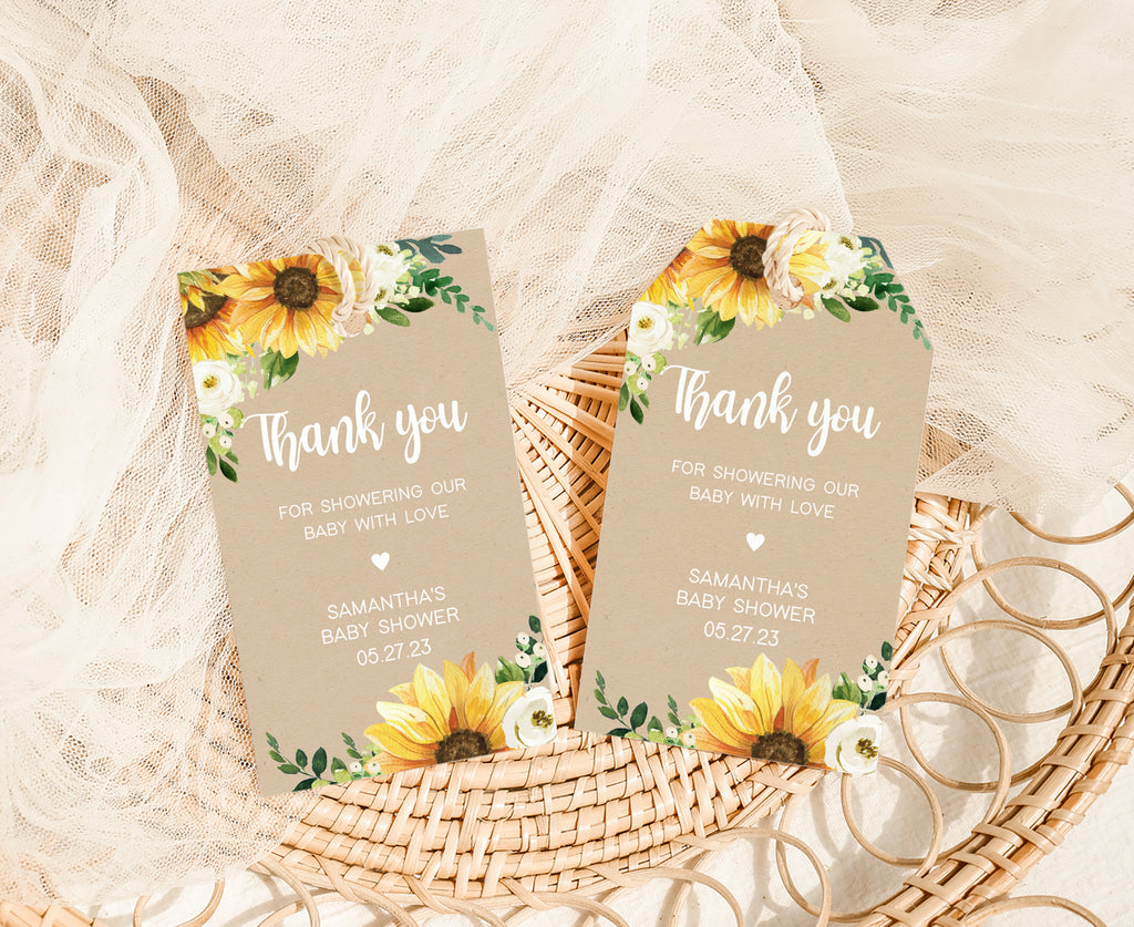 Fall baby shower favor tags with sunflowers for rustic and boho-themed party gifts