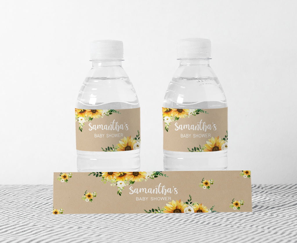 Sunflower-themed bottle labels for fall baby showers with autumn florals and rustic kraft tones