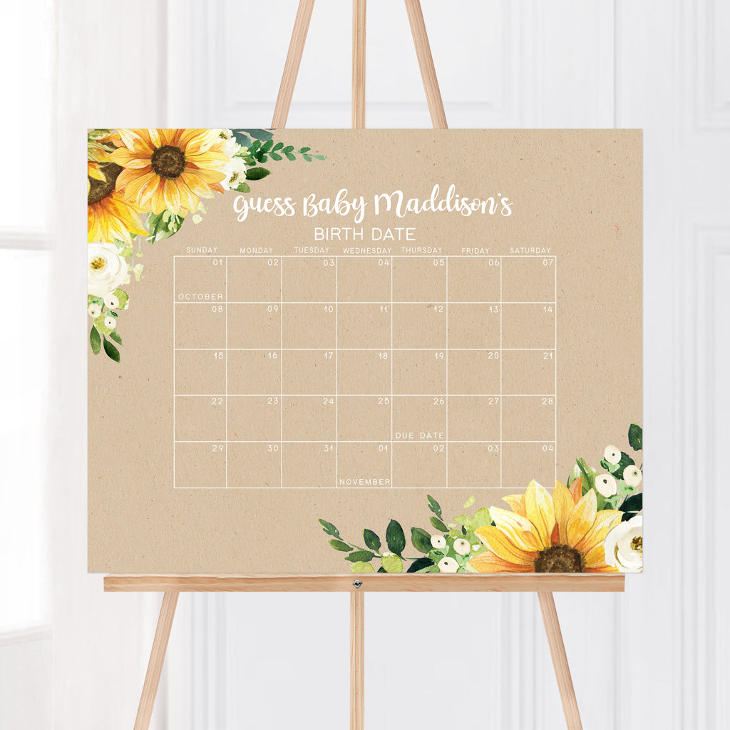 Editable sunflower baby due date calendar with fall florals and kraft background for a rustic baby shower