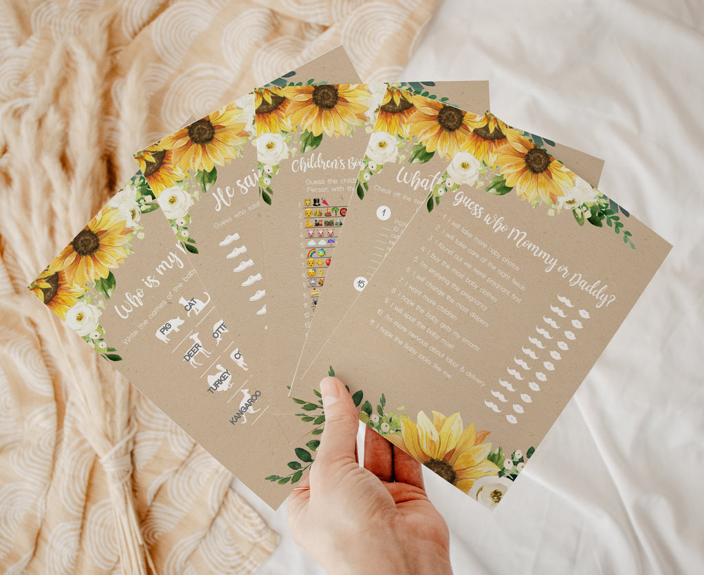 Fall sunflower baby shower games bundle with rustic floral design for autumn-themed celebrations