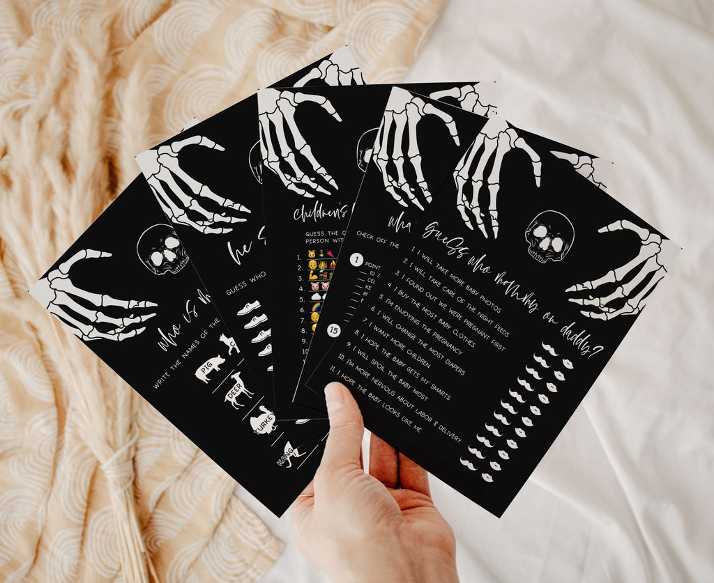 Halloween baby shower printable games bundle with skeleton hands, spooky gender neutral theme