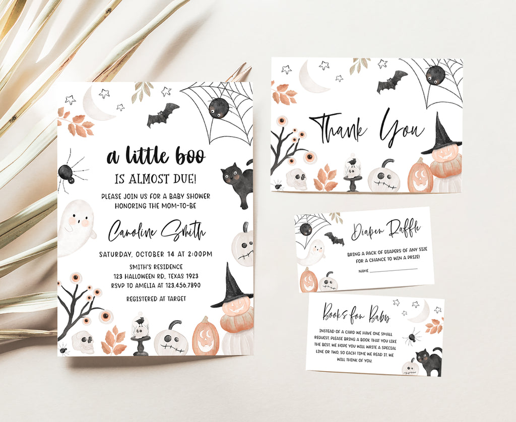 A Little Boo baby shower invitation set with ghost, pumpkins, and bats, Halloween-themed and gender-neutral design