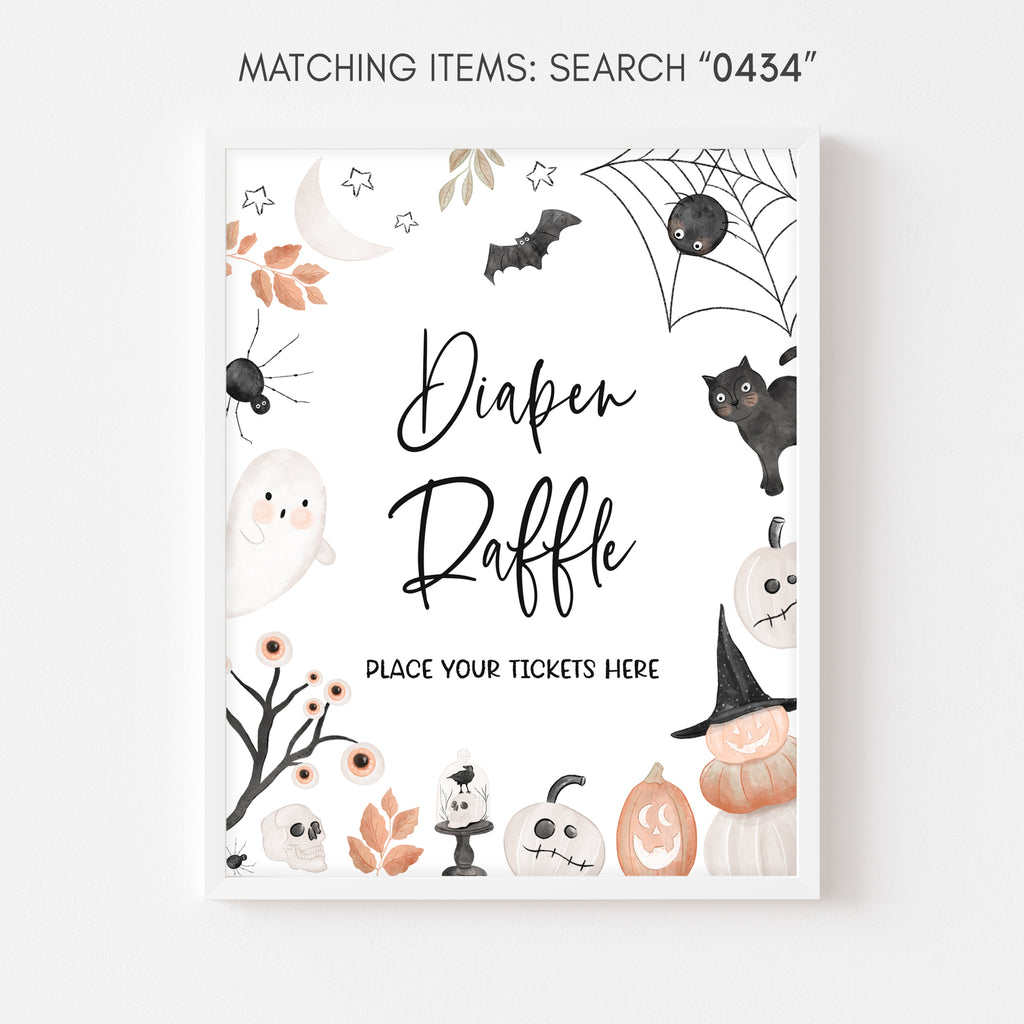 Ghost-themed Halloween diaper raffle sign for baby shower, printable for a gender-neutral fall theme
