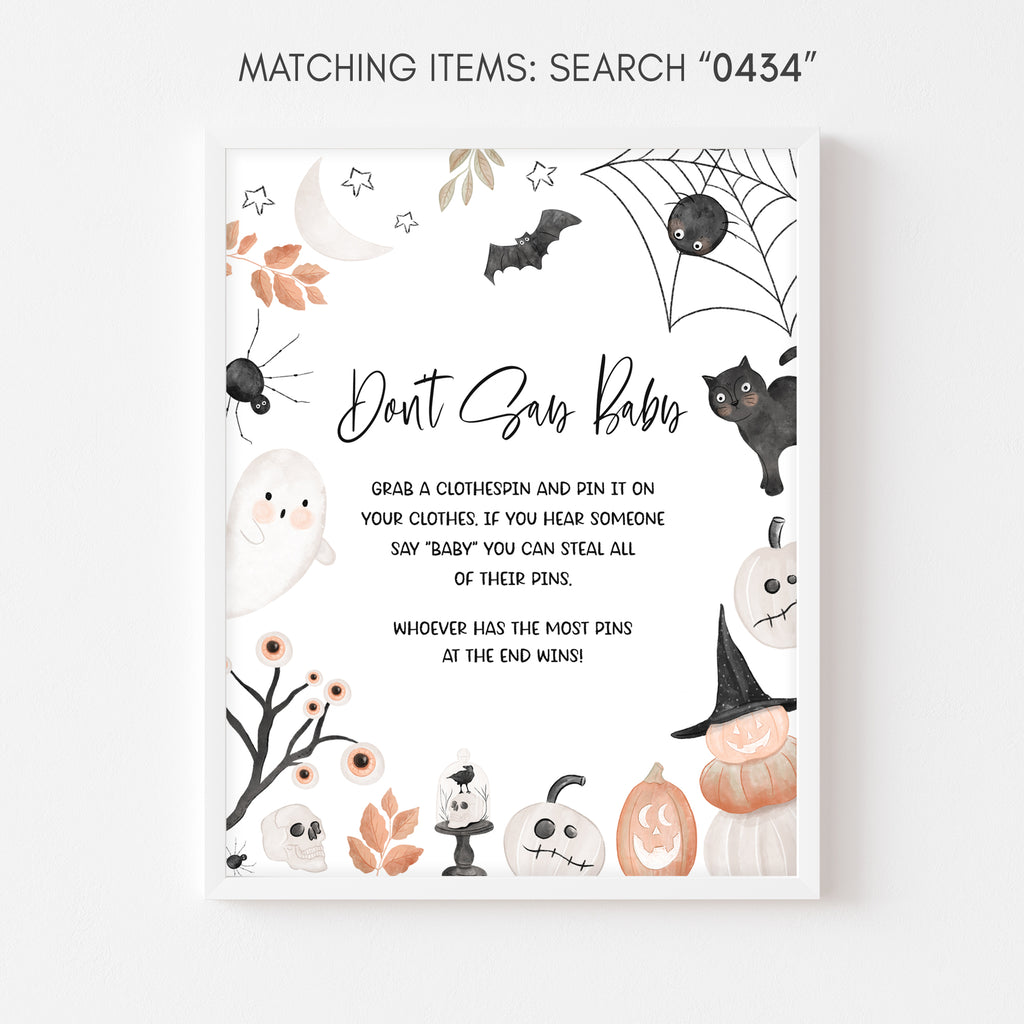Don't Say Baby Halloween baby shower game sign with spooky cute ghost theme for gender-neutral celebrations