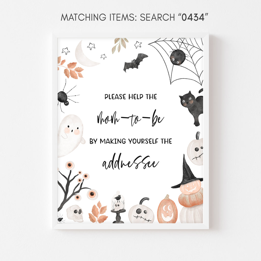 Envelope station sign for Halloween baby shower with spooky illustrations, gender-neutral ghost-themed design