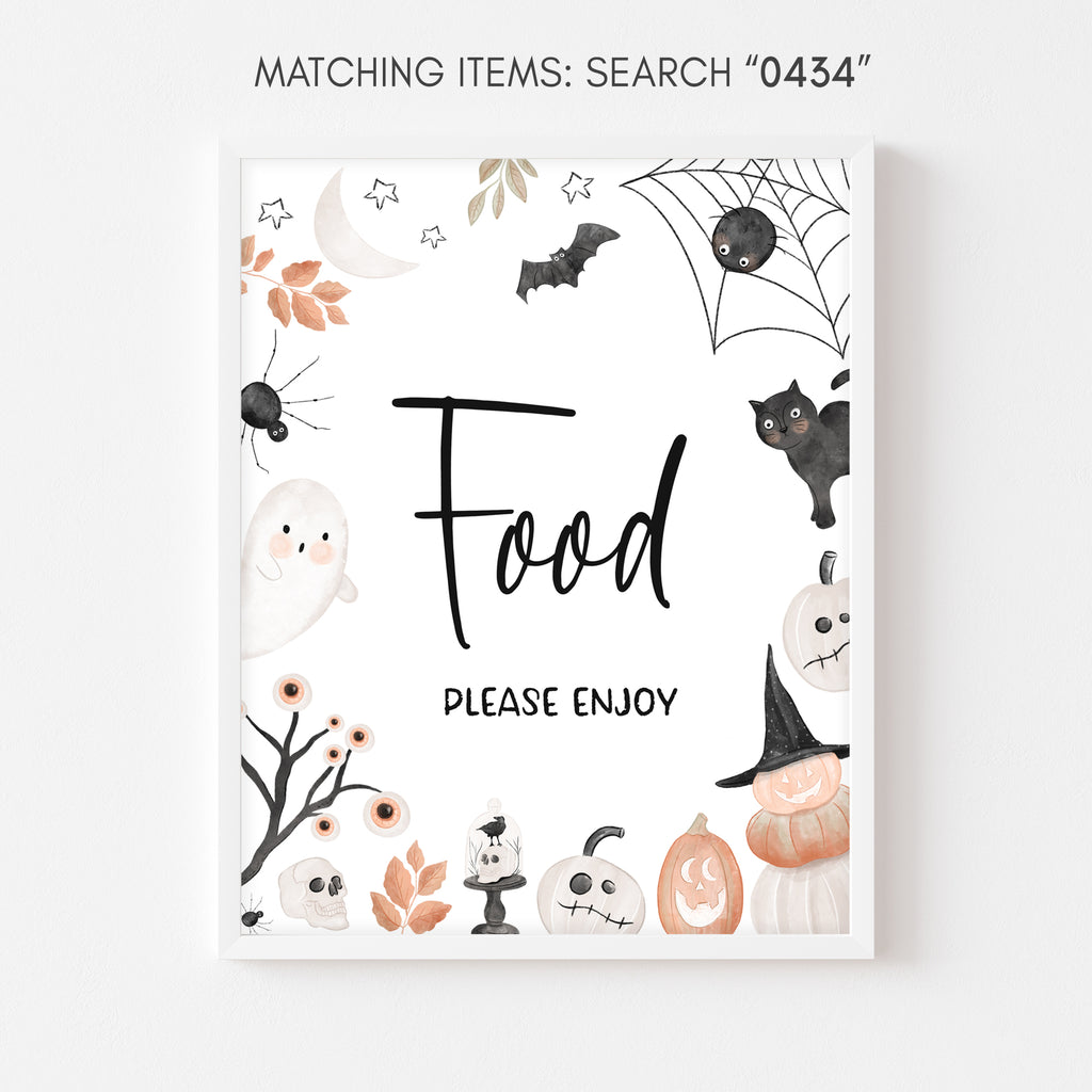 Editable Halloween baby shower food sign with spooky fall elements, ghost theme for gender-neutral printable setup
