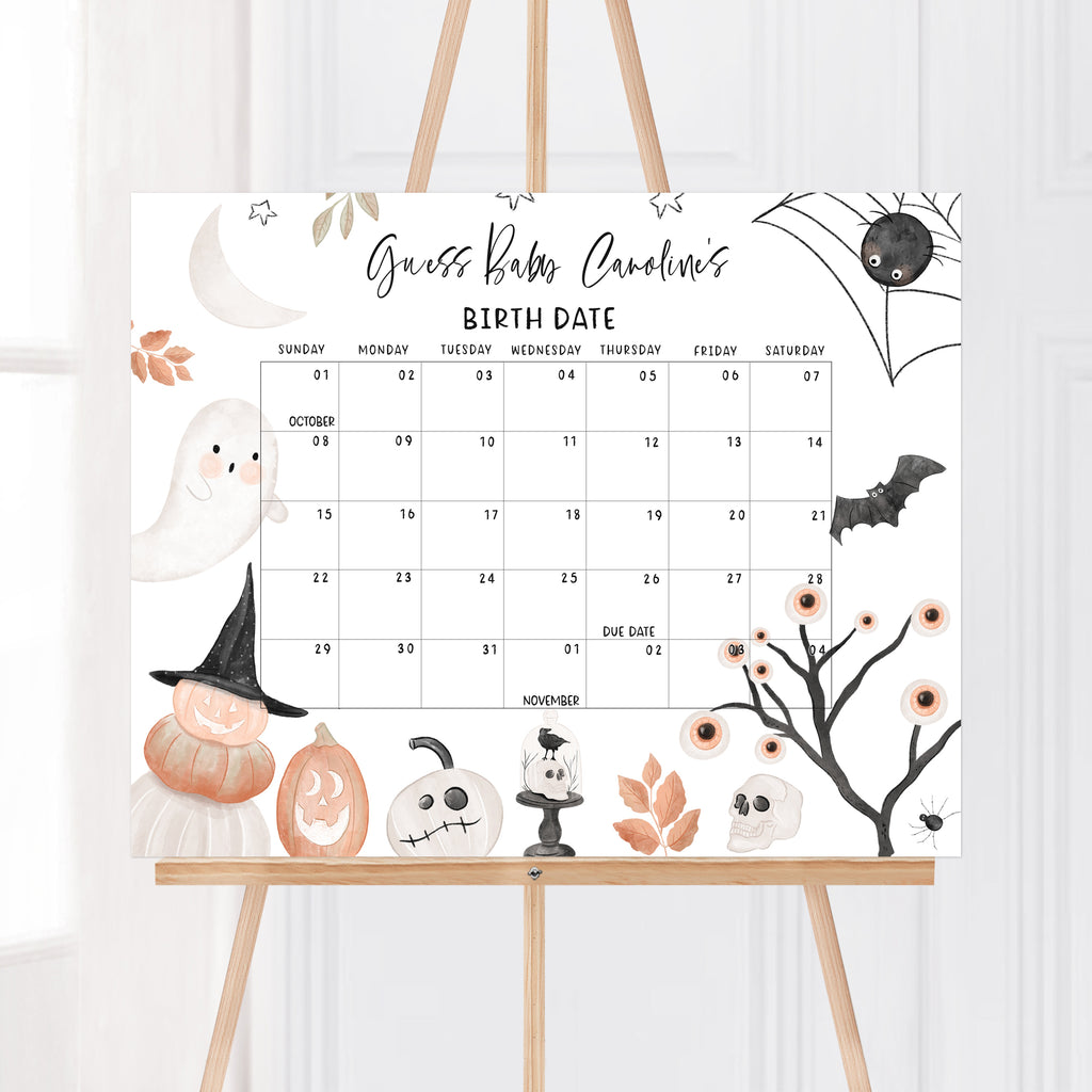 Editable Halloween baby shower due date calendar with spooky ghost and pumpkin design, gender-neutral party game
