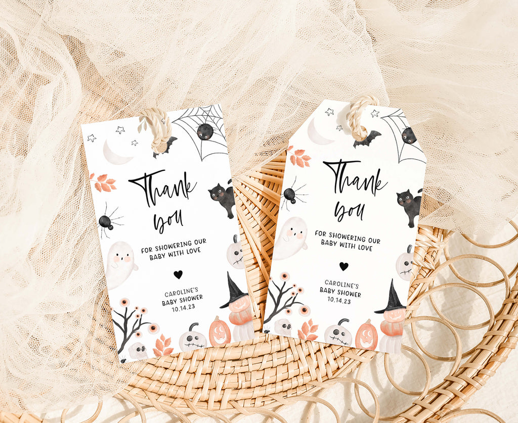 Halloween baby shower favor tags with ghost and bat illustrations for A Little Boo themed gender-neutral parties