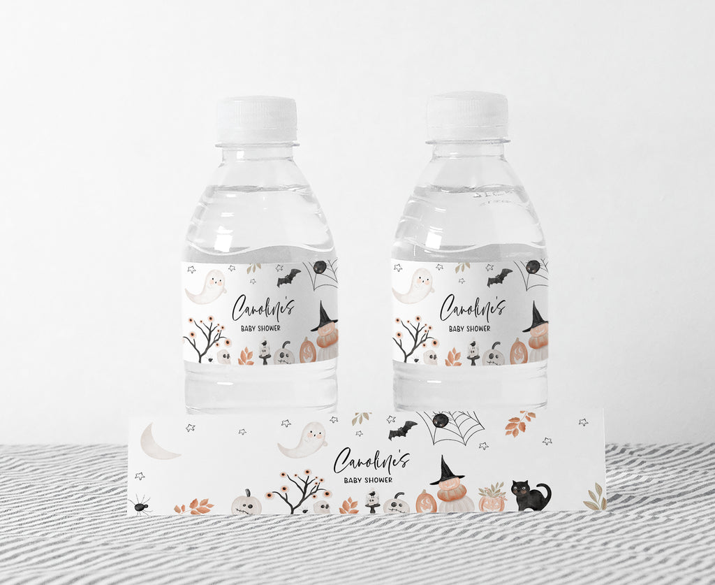 A Little Boo Halloween baby shower bottle labels with ghost and pumpkin design, gender-neutral fall printable decor