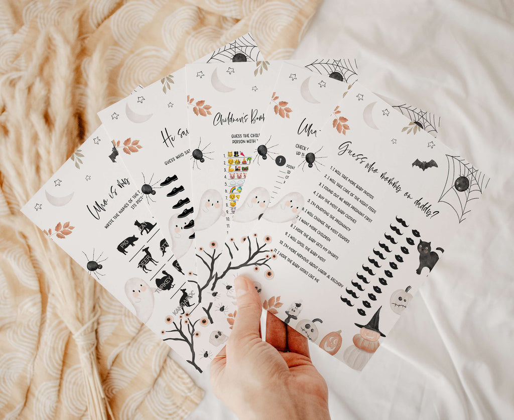 Printable Halloween baby shower games bundle with cute spooky icons, gender-neutral ghost theme for fall celebrations