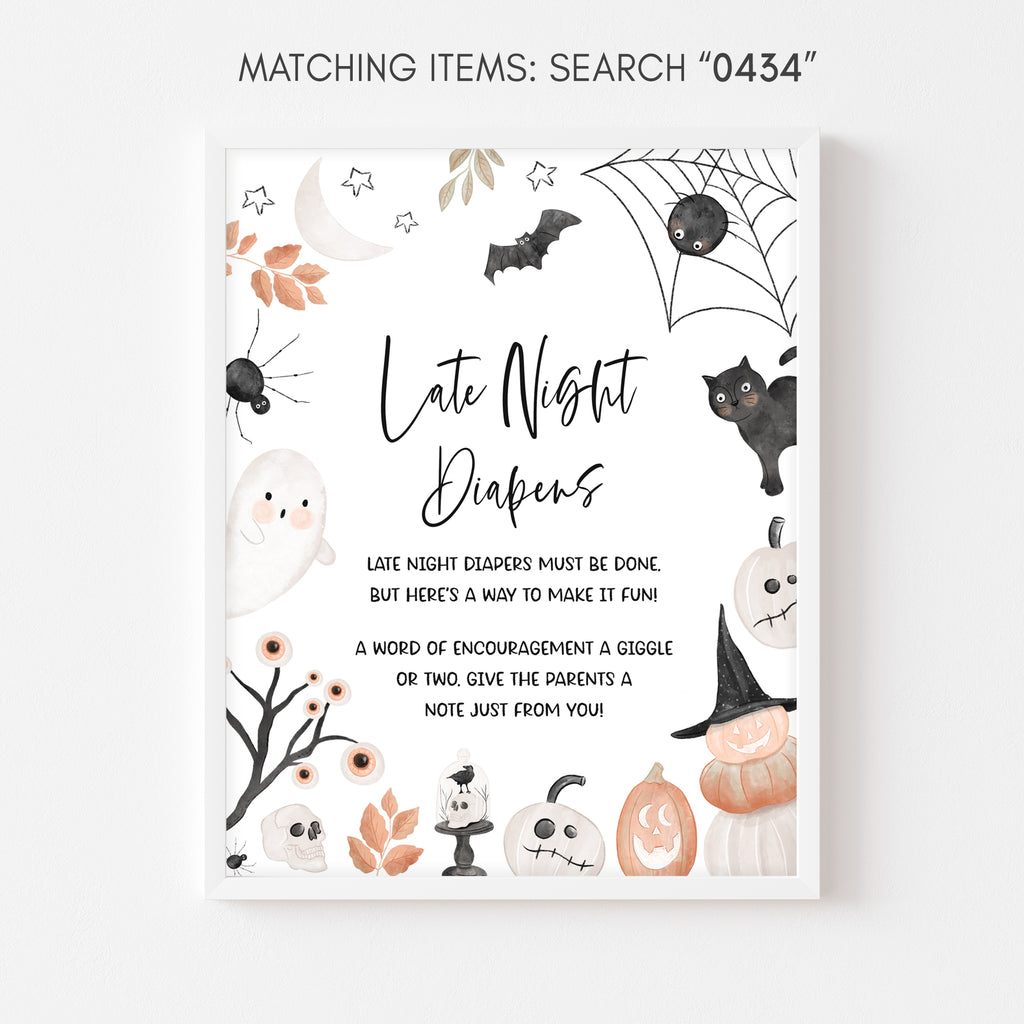 Late Night Diapers Halloween baby shower sign with ghost, skull, and bat illustrations, gender-neutral spooky decor