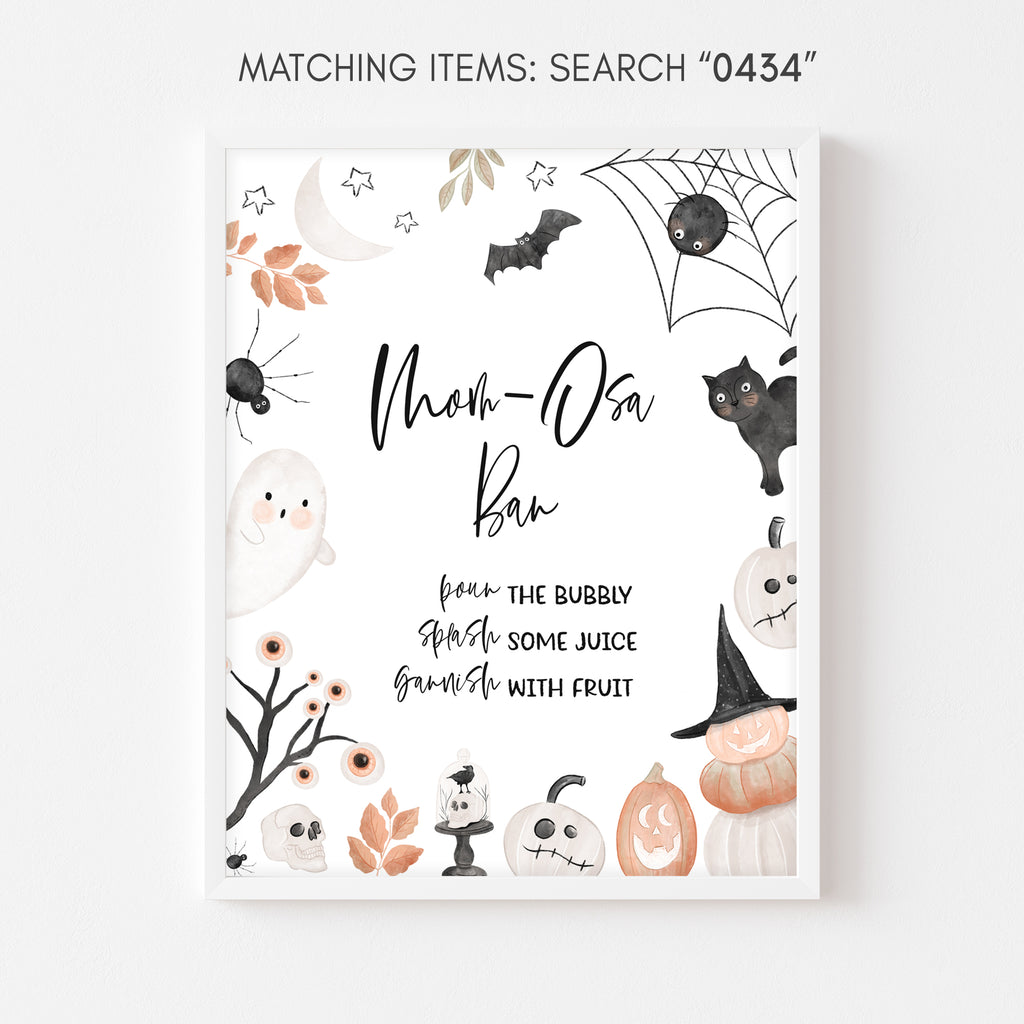 Halloween baby shower Mom-osa Bar sign with pumpkin and ghost design, printable for a gender-neutral fall celebration