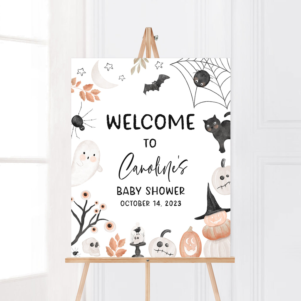 Spooky cute Halloween baby shower welcome sign with ghost and bat design for A Little Boo themed party