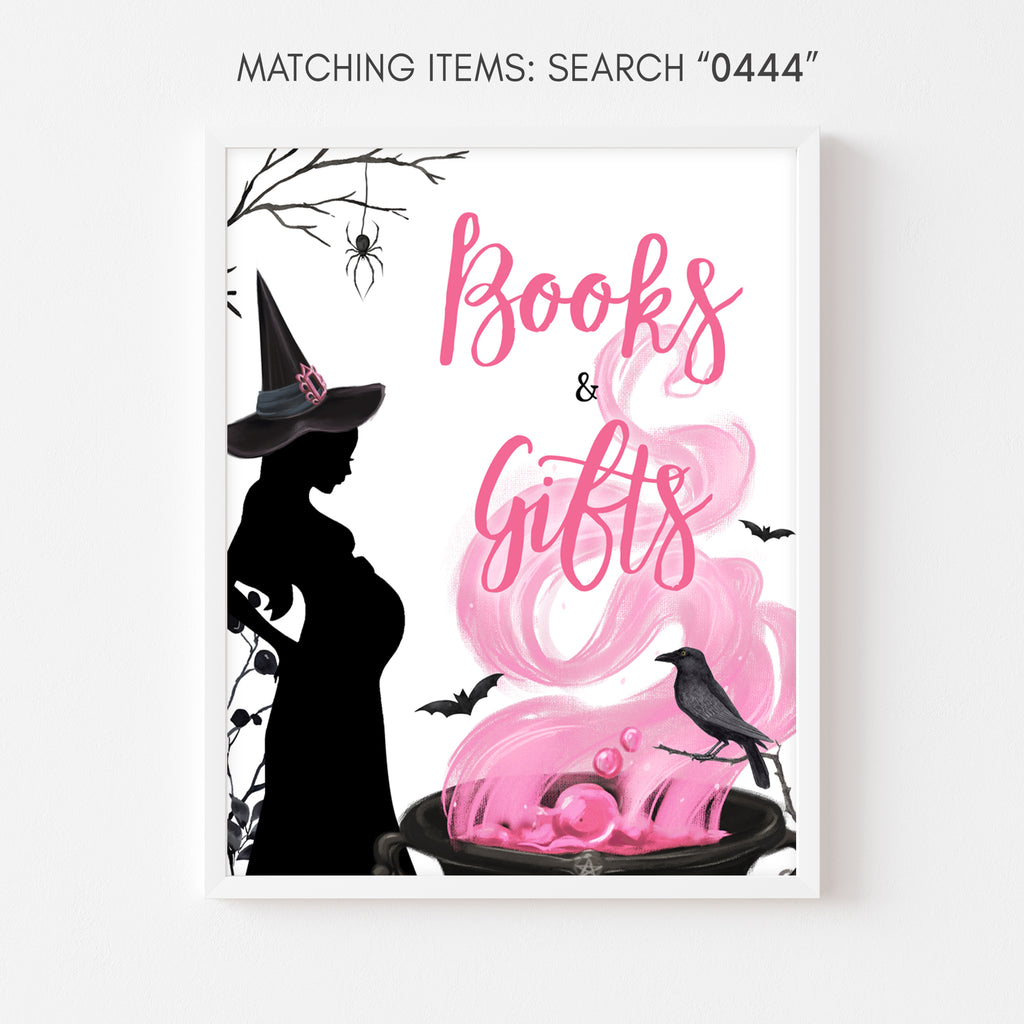 Pink Halloween baby shower Books and Gifts table sign, girl witch theme with cauldron and spooky accents