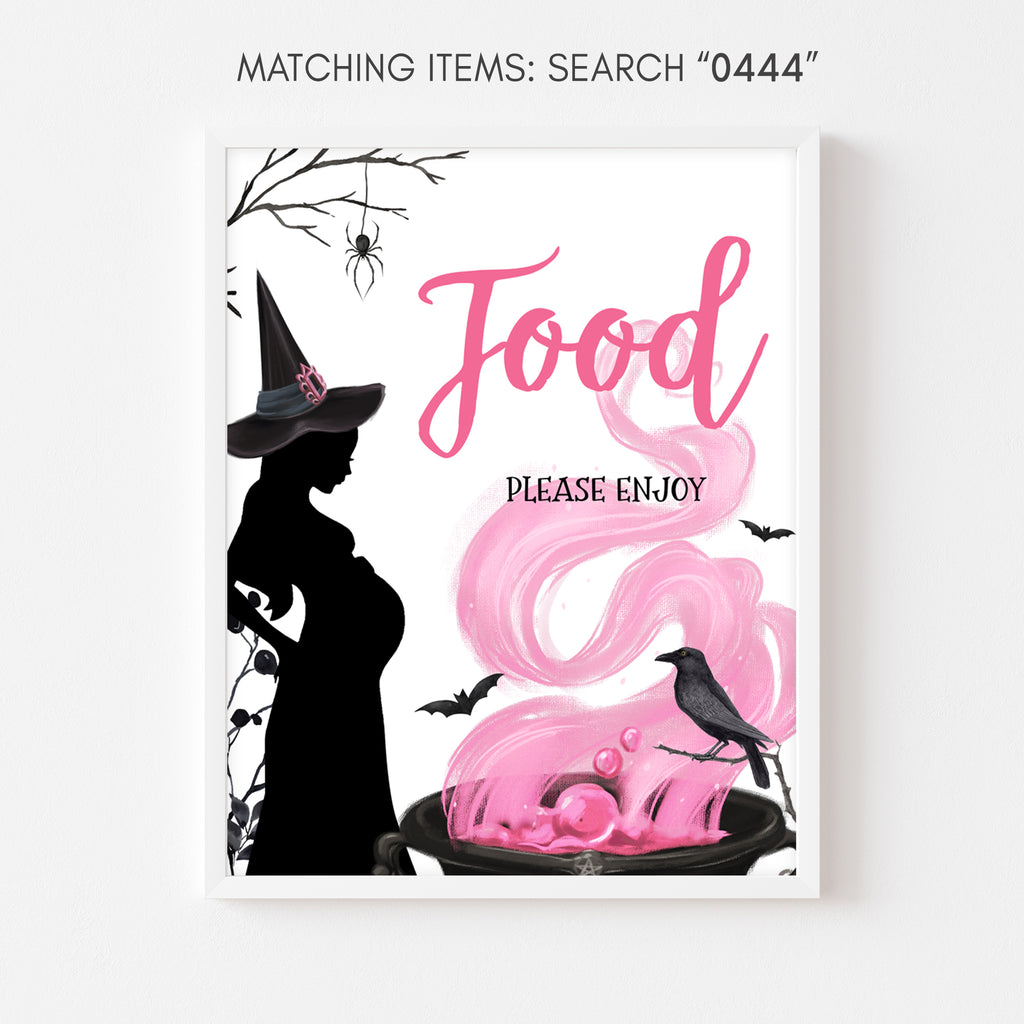 A baby is brewing themed food sign for girl Halloween baby shower, pink and spooky buffet table sign