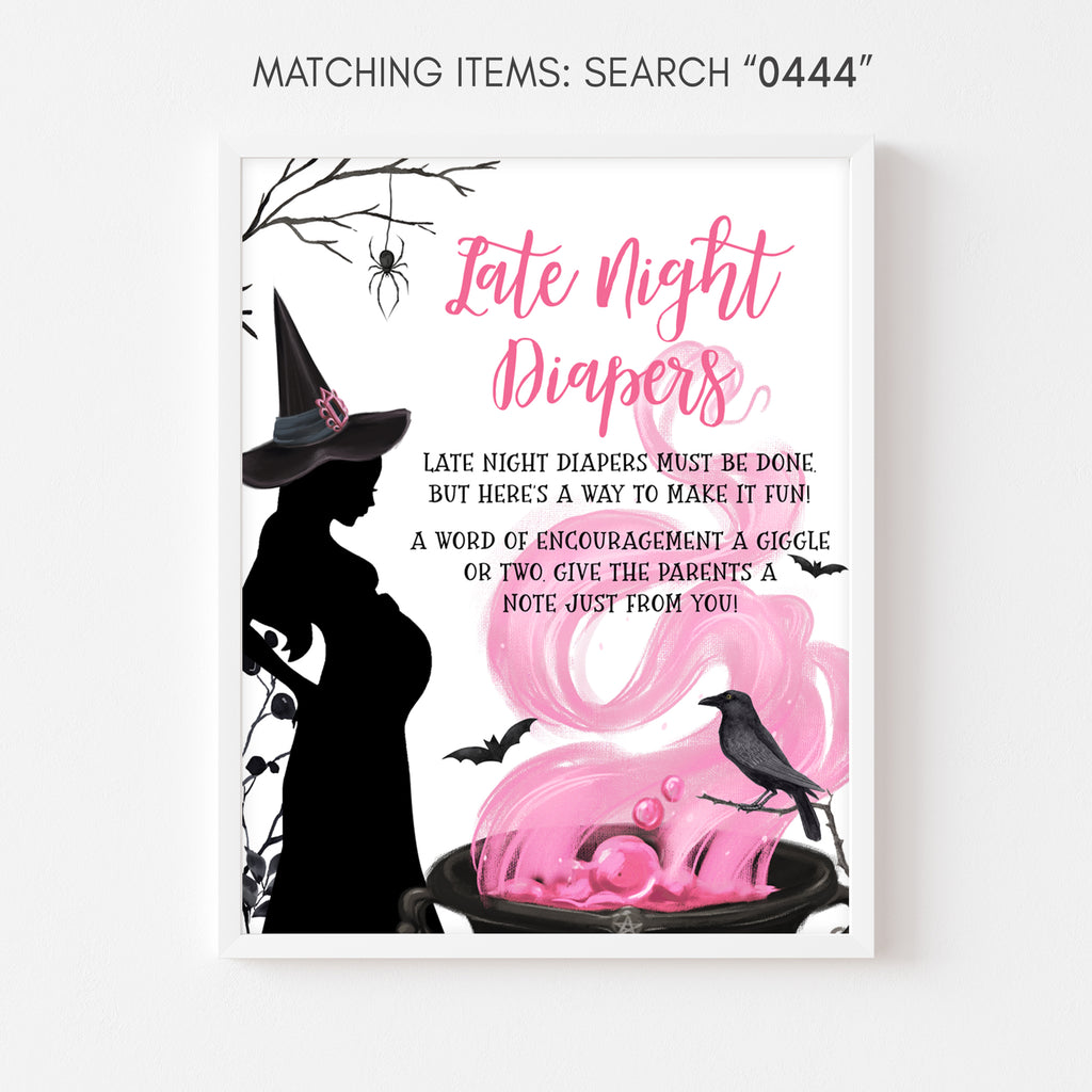 Halloween baby shower late night diapers sign in pink cauldron theme, a baby is brewing girl party décor